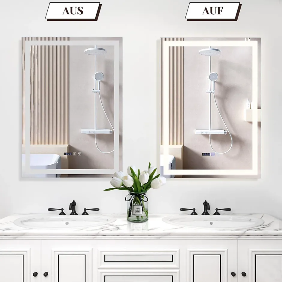 Nettlife Miroir lumineux salle de bain - 50x70 cm LED, mural, IP44, interrupteur tactile, horloge, antibuée, réglable