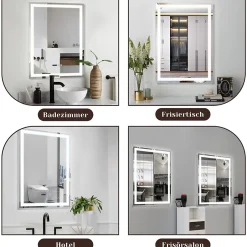 Nettlife Miroir lumineux salle de bain - 50x70 cm LED, mural, IP44, interrupteur tactile, horloge, antibuée, réglable