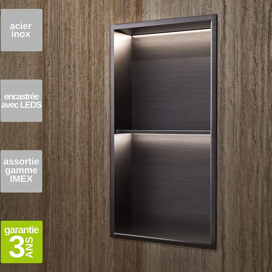 Ledimex Niche de Douche Mural Éclairage Led 33 x 63 cm - Rangement Salle de Bain en finition Noir Métal - MARSHALL
