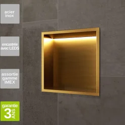 Ledimex Niche de Douche Mural Éclairage Led 33 x 33 cm - Rangement Salle de Bain en finition Or Brossé - INDIC