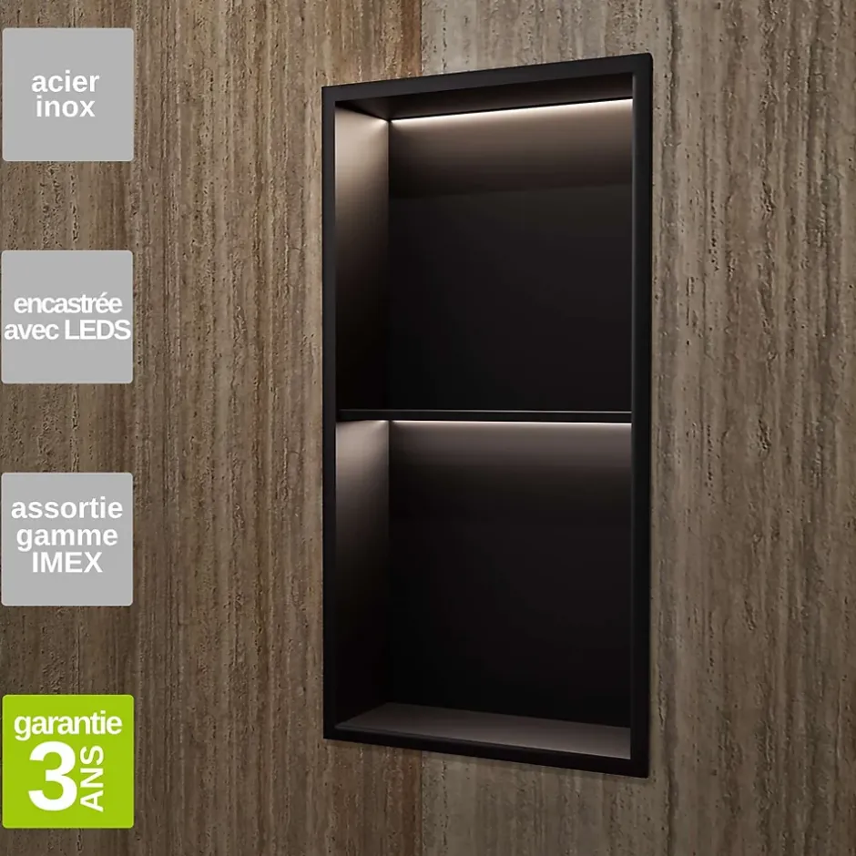 Ledimex Niche de Douche Mural Éclairage Led 33 x 63 cm - Rangement Salle de Bain en finition Noir Mat - MARSHALL