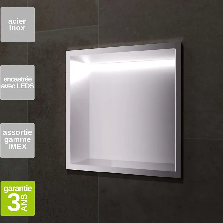 Ledimex Niche de Douche Mural Éclairage Led 33 x 33 cm - Rangement Salle de Bain en finition Niquel Brossé - INDIC