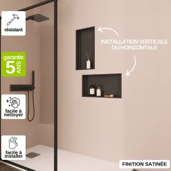 Italbox Niche de Douche Noir Satiné - 30x60 cm - Rangement Mural Salle de Bain - NOOK