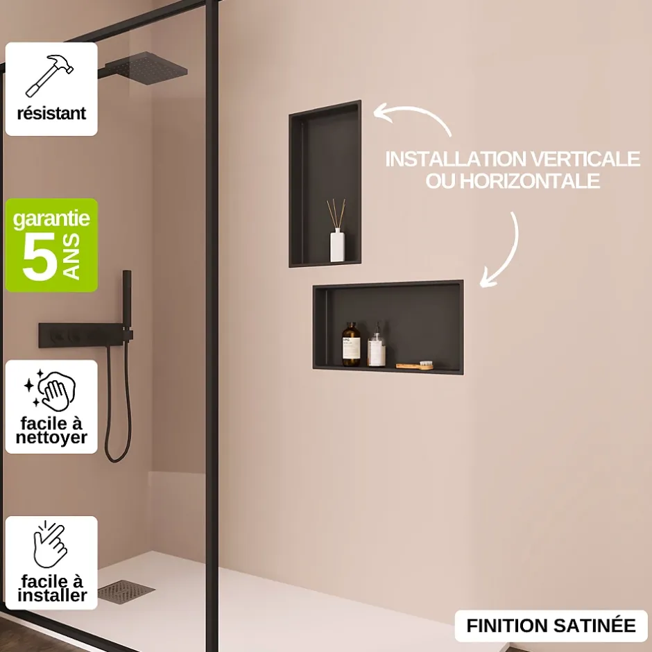 Italbox Niche de Douche Noir Satiné - 30x60 cm - Rangement Mural Salle de Bain - NOOK