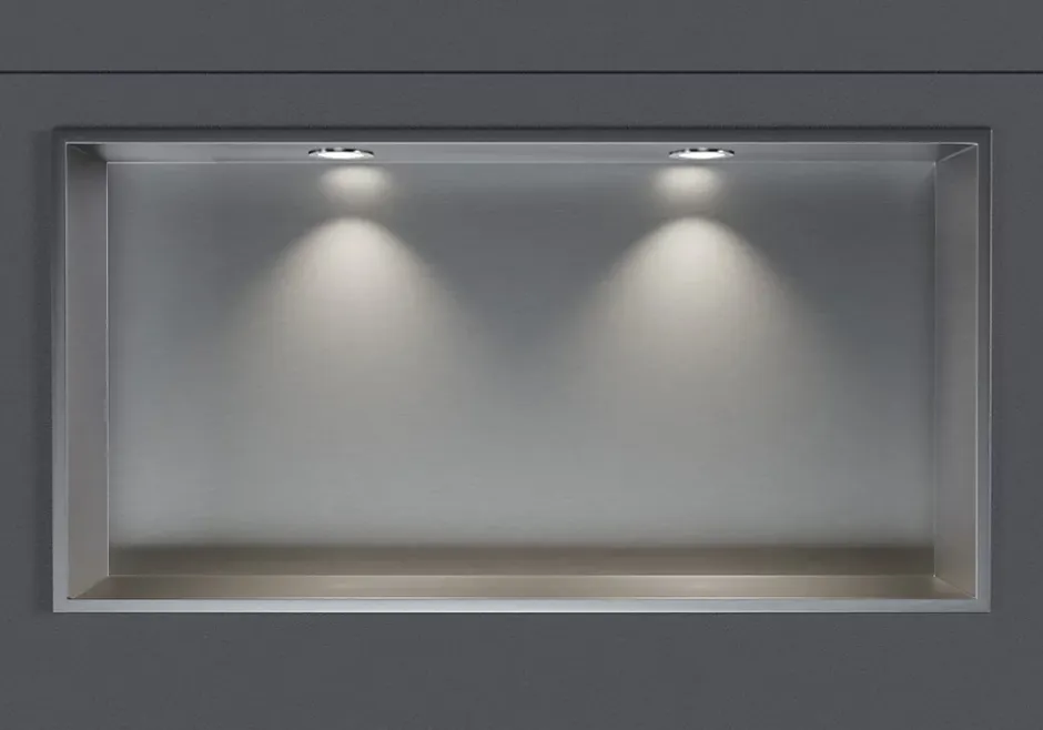 Bernstein Niche murale douche acier inox + 2 Spots LED, étagère douche encastrable - 20x60x10cm (HxLxP) - Acier brossé, 2x Spot Chrome