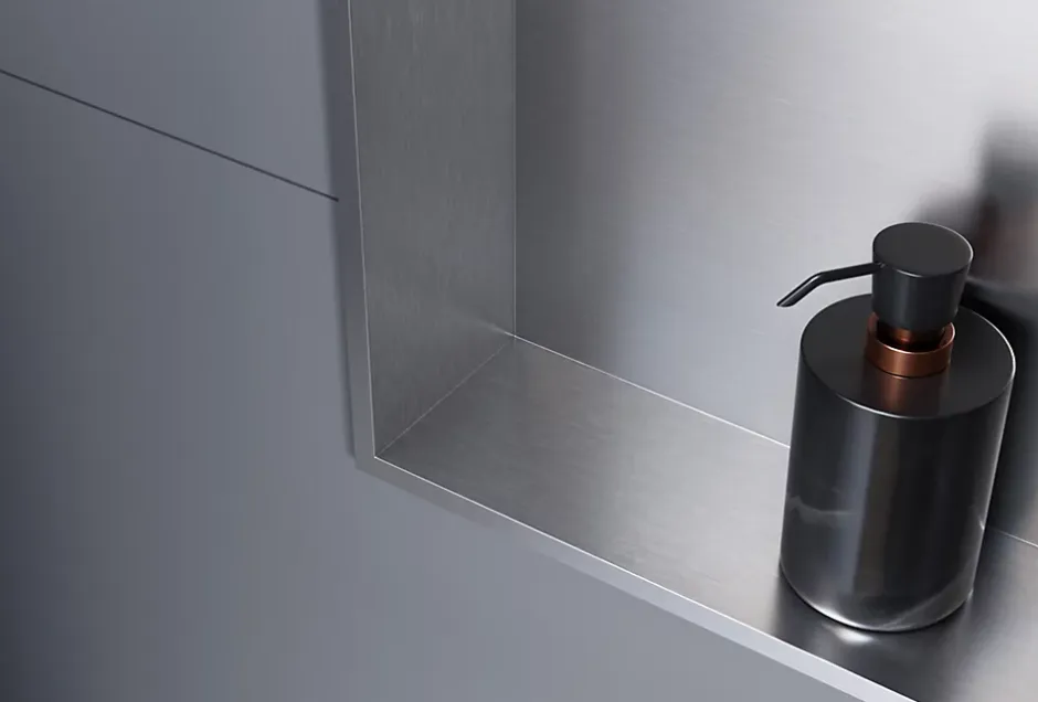 Bernstein Niche murale douche acier inox + 2 Spots LED, étagère douche encastrable - 20x60x10cm (HxLxP) - Acier brossé, 2x Spot Chrome