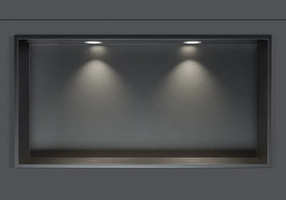 Bernstein Niche murale douche acier inox + 2 Spots LED, étagère douche encastrable - 30x60x10cm (HxLxP) - Gun métal, 2x Spot Blanc mat