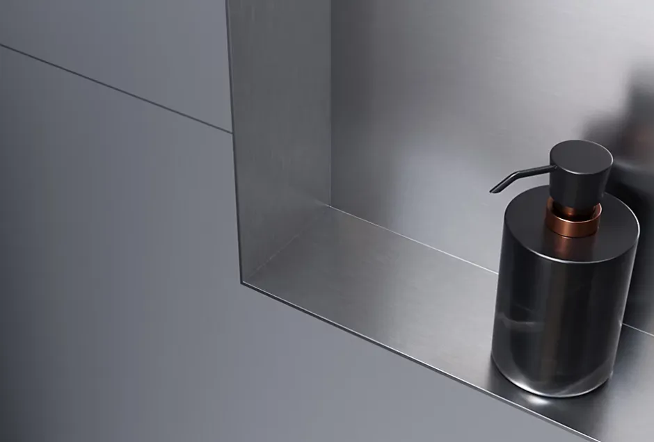 Bernstein Niche murale douche acier inox + Spot LED, étagère douche encastrable NT206010X - 20x60x10cm (HxLxP) - Acier brossé, 2x Spot Blanc