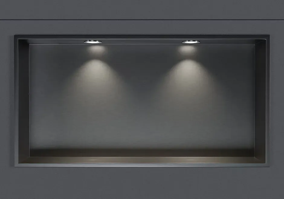 Bernstein Niche murale douche acier inox + 2 Spots LED, étagère douche encastrable - 30x60x10cm (HxLxP) - Gun métal, 2x Spot Chrome
