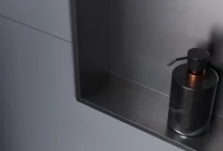 Bernstein Niche murale douche acier inox + 2 Spots LED, étagère douche encastrable - 30x60x10cm (HxLxP) - Gun métal, 2x Spot Chrome