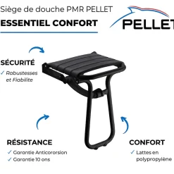 Pellet Pack avec siège de douche PMR escamotable noir mat + 2 barres d'appui 42,5 cm