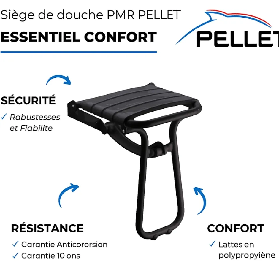 Pellet Pack avec siège de douche PMR escamotable noir mat + 2 barres d'appui 42,5 cm