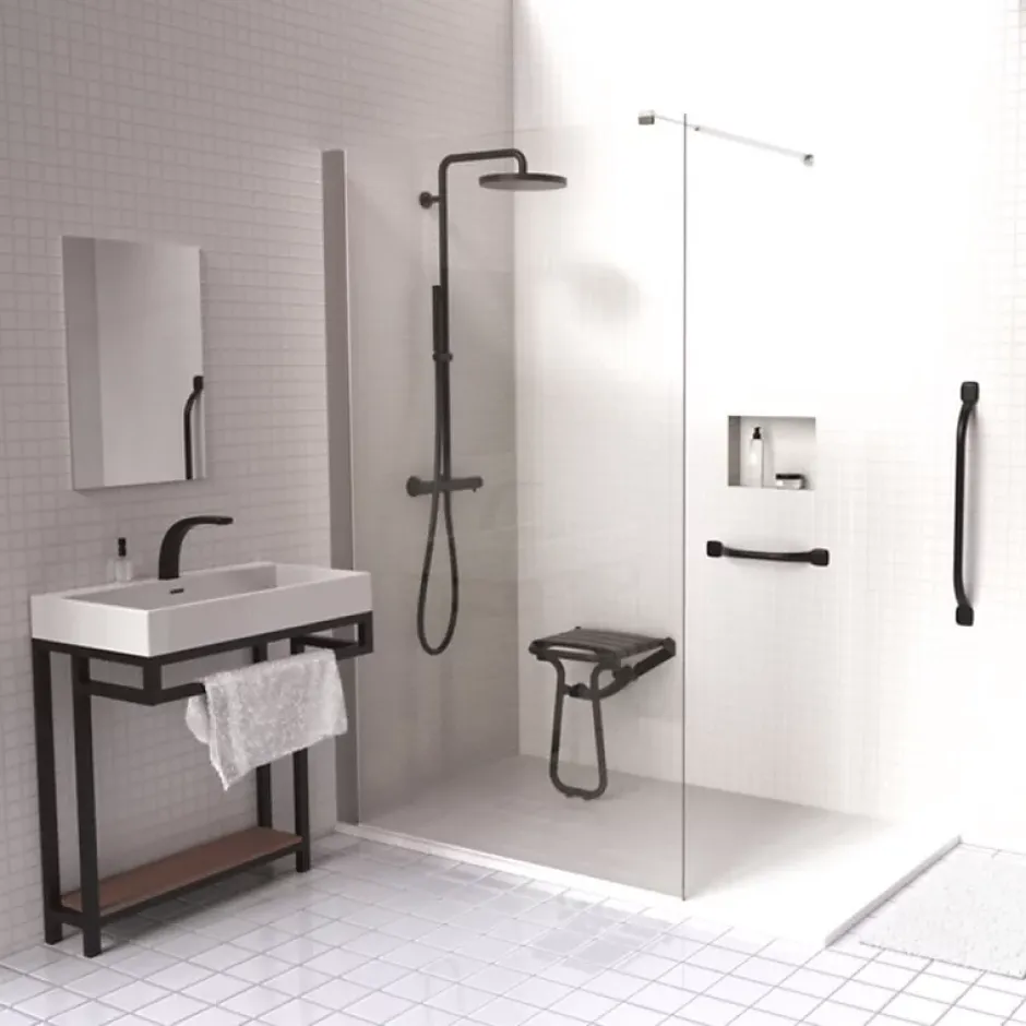 Pellet Pack avec siège de douche PMR escamotable noir mat + 2 barres d'appui 42,5 cm
