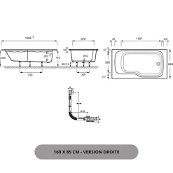 Jacob Delafon Pack baignoire bain douche 160 x 85 Malice version droite blanc mat + tablier en angle + pare bain + étagère