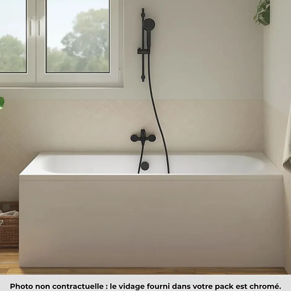 Jacob Delafon Pack baignoire droite 170 x 75 Elise + tablier niche + pommeau et mitigeur bain noir mat Aimé + vidage* Baignoire Droite