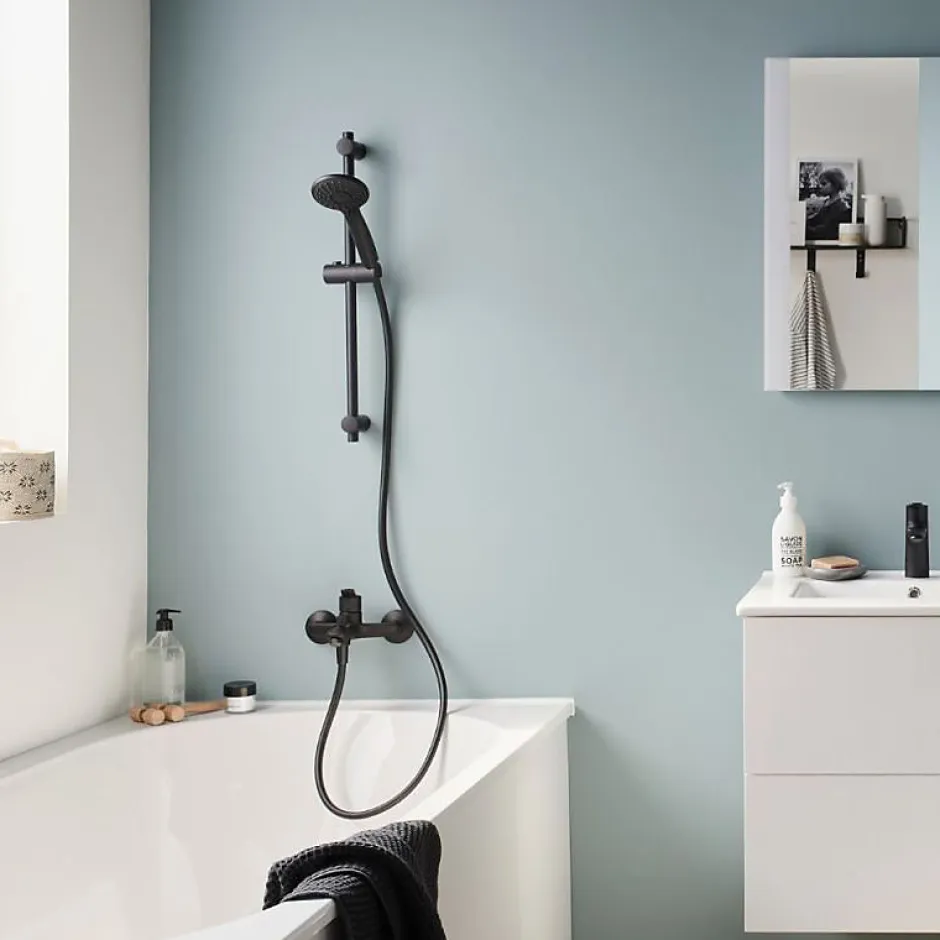 Jacob Delafon Pack baignoire droite 170 x 75 Elise + tablier niche + pommeau et mitigeur bain noir mat Aimé + vidage* Baignoire Droite