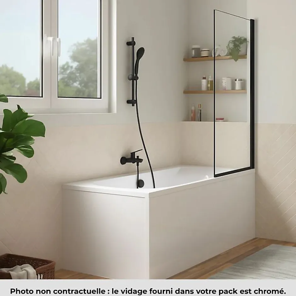 Jacob Delafon Pack baignoire droite 180 x 80 Elise + pack pommeau et mitigeur bain douche noir mat + pare bain noir mat + vidage* Baignoire Droite