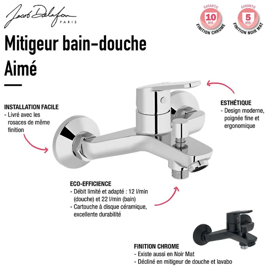Jacob Delafon Pack baignoire droite 180 x 80 Elise + pack pommeau et mitigeur bain douche noir mat + pare bain noir mat + vidage* Baignoire Droite