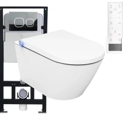 Bernstein Pack Bâti-support + Toilettes Japonais céramique, WC lavant + télécommande - 38,4x59,3x38cm - PRO+ 1102 - Plaque 4111 noir mat
