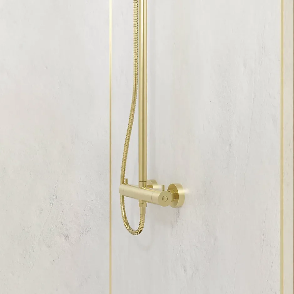 Galedo Pack de 2 panneaux muraux de salle de bains, blanc effet pierre avec profilés dorés, l.120+90 x H.210 x P.0,3 cm, Homestone