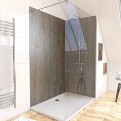 Galedo Pack de 2 panneaux muraux de salle de bains, marron effet bois avec profilés chromés, l.120+90 x H.210 x P.0,3 cm, Homestone