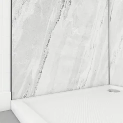 Galedo Pack de 2 panneaux muraux de salle de bains, blanc effet marbre avec profilés noirs, l.90+90 x H.210 x P.0,3 cm, Homestone