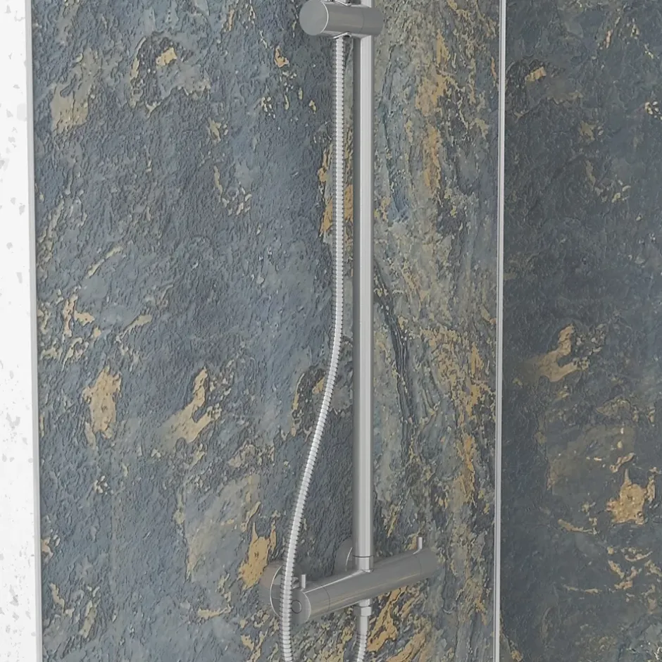 Galedo Pack de 2 panneaux muraux de salle de bains, gris et doré effet marbre avec profilés chromés, l.90+90 x H.210 x P.0,3 cm, Homestone