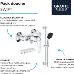 Grohe Pack douche mécanique Swift 2023 avec ensemble de douhe Vitalio Comfort 110 et tablette