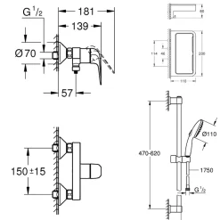 Grohe Pack douche mécanique Swift 2023 avec ensemble de douhe Vitalio Comfort 110 et tablette