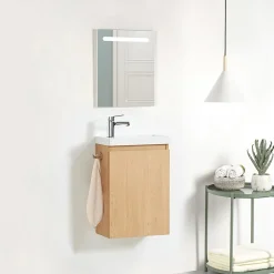 Bain-Bain Pack Meuble Lave-main prémonté bois-Vasque blanche-Robinet chromé- Crochet chromé -* Lave-Mains
