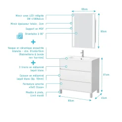 Aurlane Pack Meuble Salle de Bains 80cm Blanc 3 Tiroirs, Vasque, Miroir 60x80 à Leds intégrées - XENOS* Meuble Vasque
