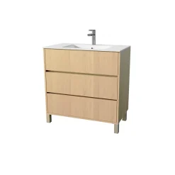 Aurlane Pack Meuble Salle de Bains 80 cm Chêne Clair, 3 tiroirs avec Vasque Céramique - XENOS* Meuble Vasque