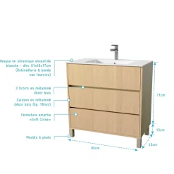 Aurlane Pack Meuble Salle de Bains 80 cm Chêne Clair, 3 tiroirs avec Vasque Céramique - XENOS* Meuble Vasque