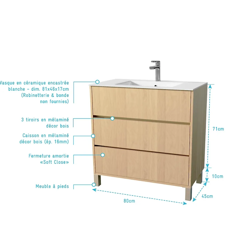Aurlane Pack Meuble Salle de Bains 80 cm Chêne Clair, 3 tiroirs avec Vasque Céramique - XENOS* Meuble Vasque