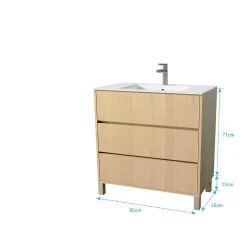 Aurlane Pack Meuble Salle de Bains 80 cm Chêne Clair, 3 tiroirs avec Vasque Céramique - XENOS* Meuble Vasque