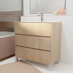 Aurlane Pack Meuble Salle de Bains 80 cm Chêne Clair, 3 tiroirs avec Vasque Céramique - XENOS* Meuble Vasque