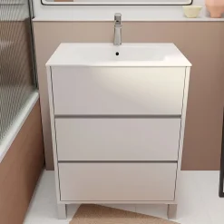 Aurlane Pack Meuble Salle de Bains 60 cm Laqué Blanc, 3 tiroirs avec Vasque Céramique - XENOS* Meuble Vasque
