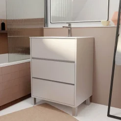 Aurlane Pack Meuble Salle de Bains 60 cm Laqué Blanc, 3 tiroirs avec Vasque Céramique - XENOS* Meuble Vasque