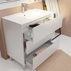 Aurlane Pack Meuble Salle de Bains 80 cm Laqué Blanc, 3 tiroirs avec Vasque Céramique - XENOS* Ensemble Meuble De Salle De Bains