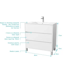 Aurlane Pack Meuble Salle de Bains 80 cm Laqué Blanc, 3 tiroirs avec Vasque Céramique - XENOS* Ensemble Meuble De Salle De Bains