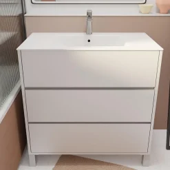 Aurlane Pack Meuble Salle de Bains 80 cm Laqué Blanc, 3 tiroirs avec Vasque Céramique - XENOS* Ensemble Meuble De Salle De Bains