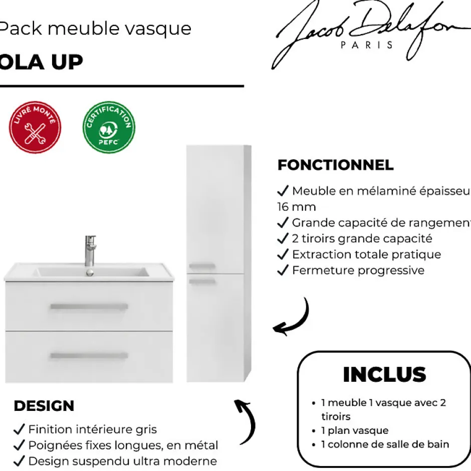 Jacob Delafon Pack meuble vasque 80 cm Ola up blanc + colonne