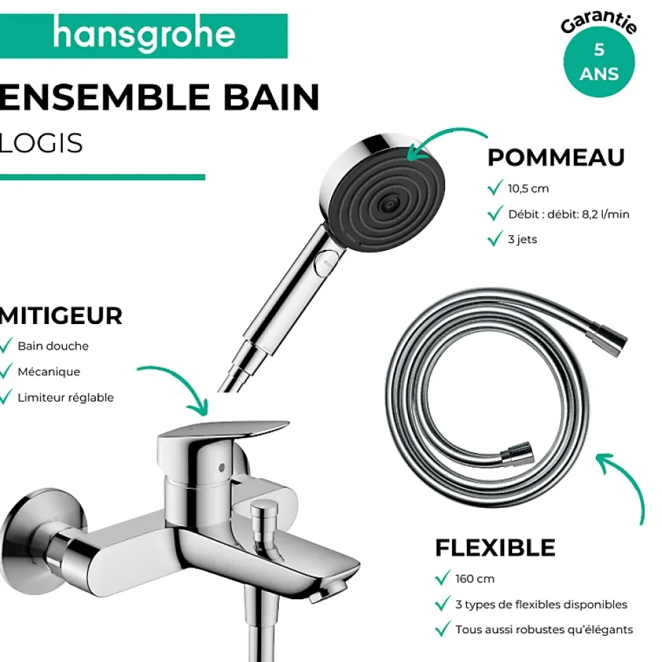 Hansgrohe Pack mitigeur bain douche mécanique Logis + Flexible Metaflex + Pommeau Pulsify Select EcoSmart 105 3jets chromé