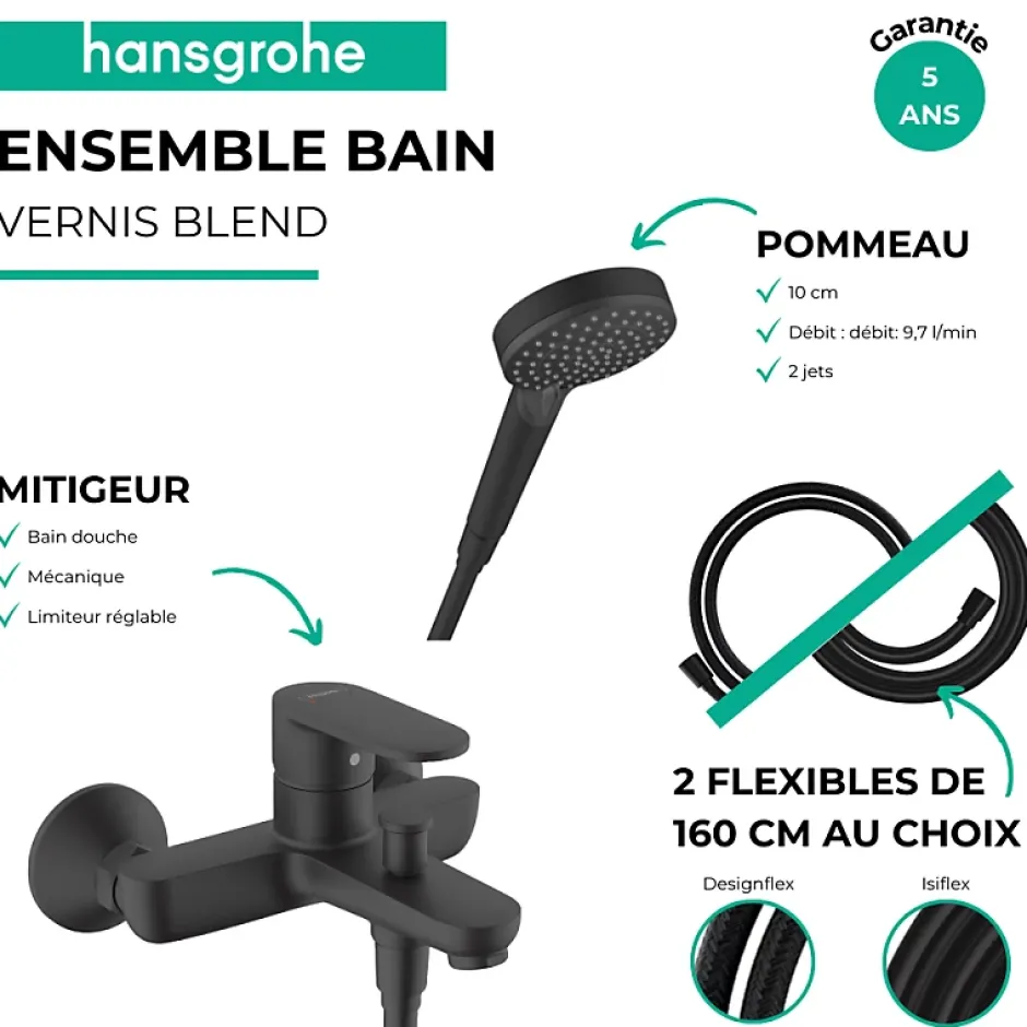 Hansgrohe Pack mitigeur bain douche Vernis Blend + Flexible Isiflex + Pommeau Vernis Blend 100 Vario noir mat* Robinet De Baignoire