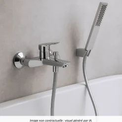 Hansgrohe Pack mitigeur bain douche mécanique Logis + Flexible Designflex + Pommeau Pulsify E 100 EcoSmart chromé