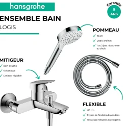 Hansgrohe Pack mitigeur bain douche mécanique Logis + Flexible Metaflex + Pommeau Vernis Blend 100 EcoSmart 1jet chromé