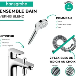 Hansgrohe Pack mitigeur bain douche monotrou Vernis Blend + Flexible Metaflex + Pommeau Crometta blanc/chromé* Robinet De Baignoire
