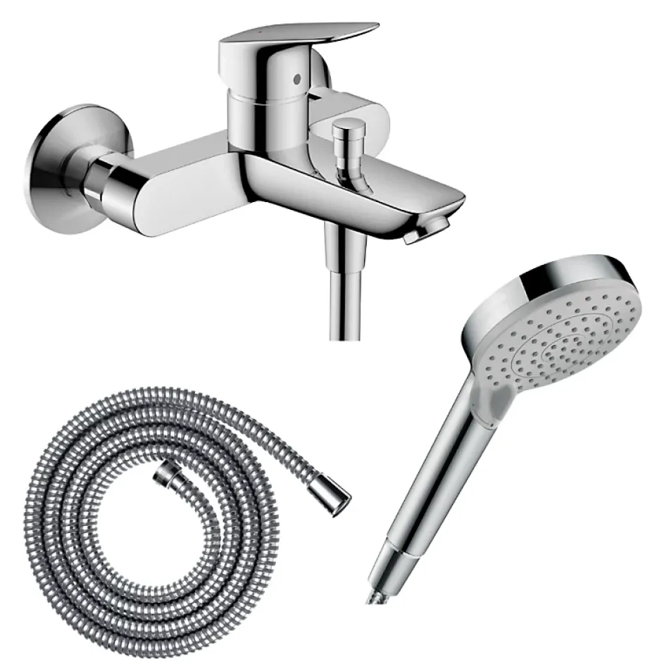 Hansgrohe Pack mitigeur bain douche mécanique Logis + Flexible Metaflex + Pommeau Vernis Blend 100 EcoSmart 2jets chromé* Robinet De Baignoire