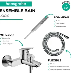Hansgrohe Pack mitigeur bain douche mécanique Logis + Flexible Metaflex + Pommeau Pulsify E 100 EcoSmart chromé* Robinet De Baignoire