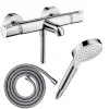 Hansgrohe Pack mitigeur bain thermostatique Ecostat Comfort + Flexible Metaflex 1,6m + Pommeau Vernis Blend EcoSmart chromé* Robinet De Baignoire